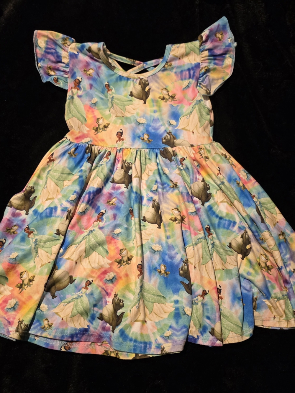 Disney Girls' Tie-Dye Princess Tiana Frog Print Twirl Dress